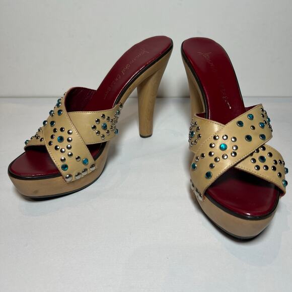 Jean-Michel Cazabat Platform Sandals Tan Leather Rhinestone 5 Inch Heel Size 7.5 - Picture 3 of 12